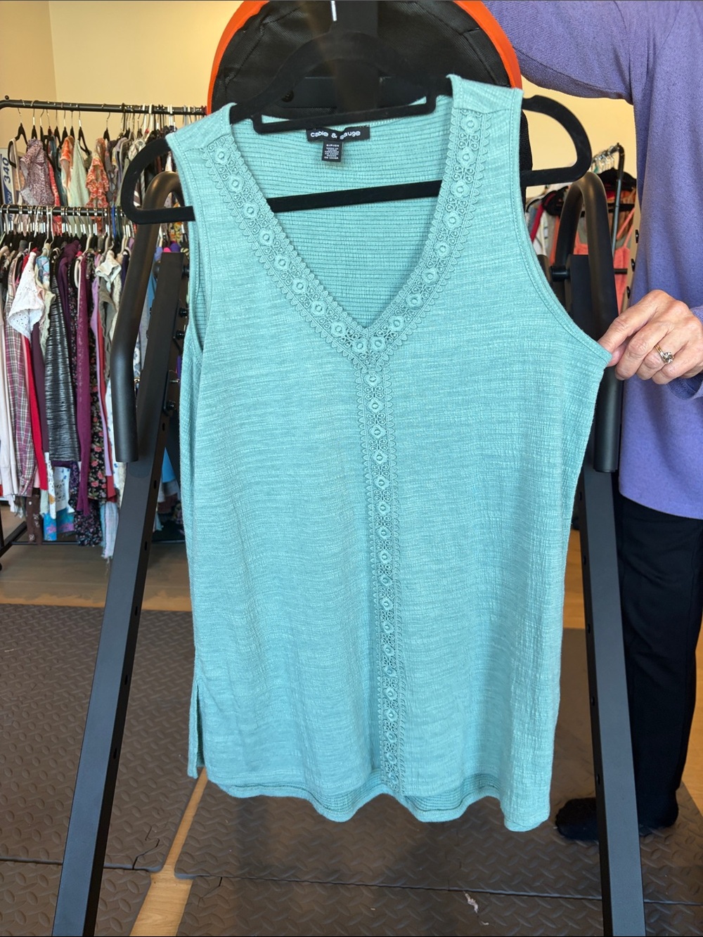 Cable & Gauge Mint Green V-Neck Knit Tank with Lace Trim